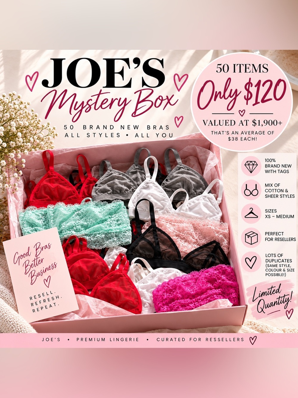 Joe's Jeans Lace & Mesh Bra Bundle - Red, Pink, Black, White, Gray, Mint